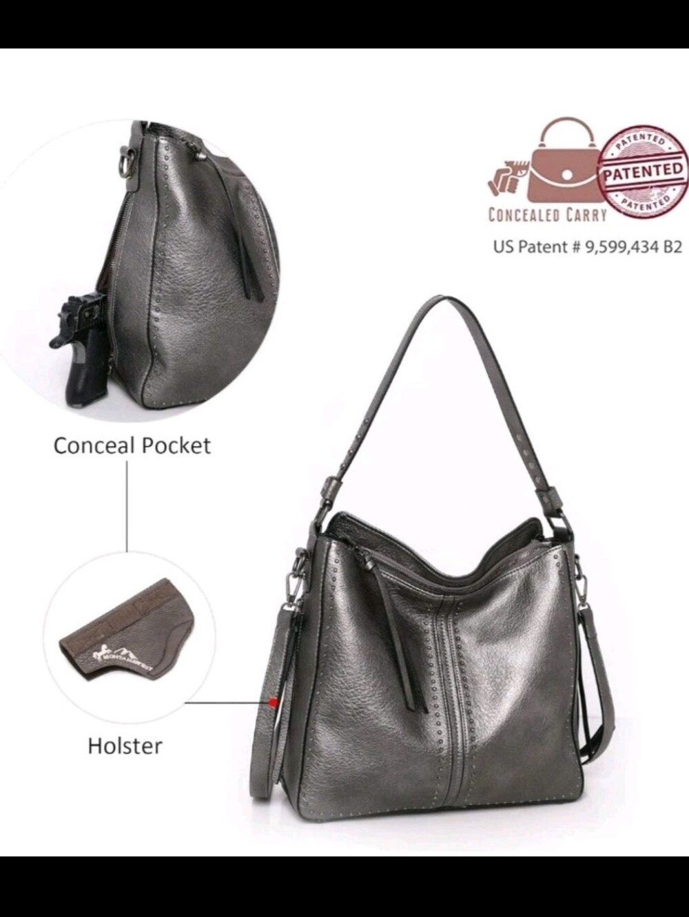 NWT Montana West Concealed Carry Hobo Purse in Pewter, w/ Holster, Ambidextrous - Picture 4 of 5